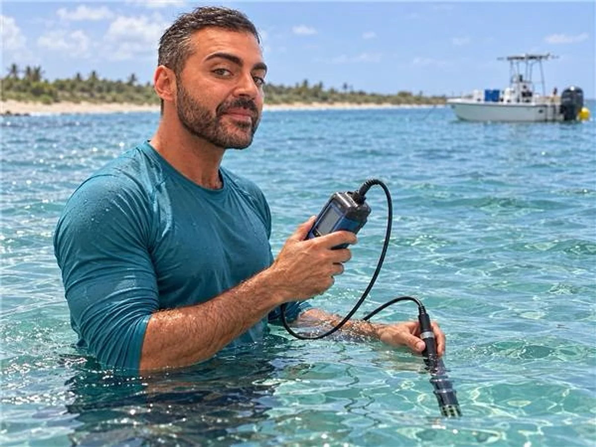 Taking a reading with a handheld multiparameter probe in clear, shallow water.