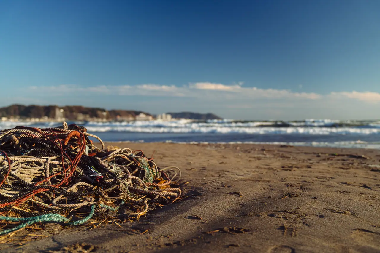 A heap of tangled rope and netting on a sandy beach, with surf and a headland behind.